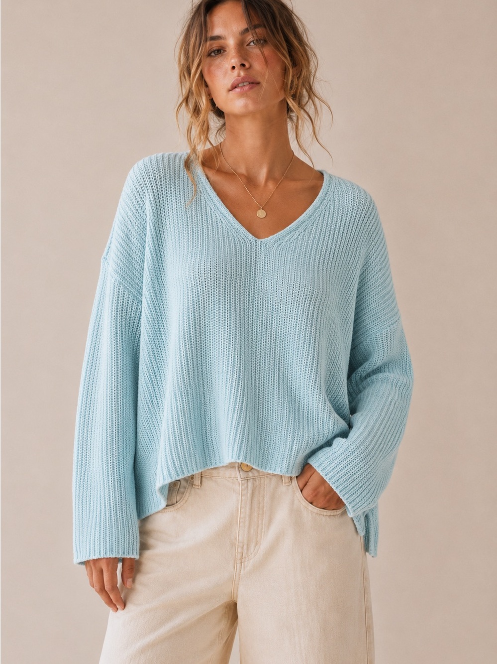 Part Two 100% Linen V-Neck Sweater Light Blue